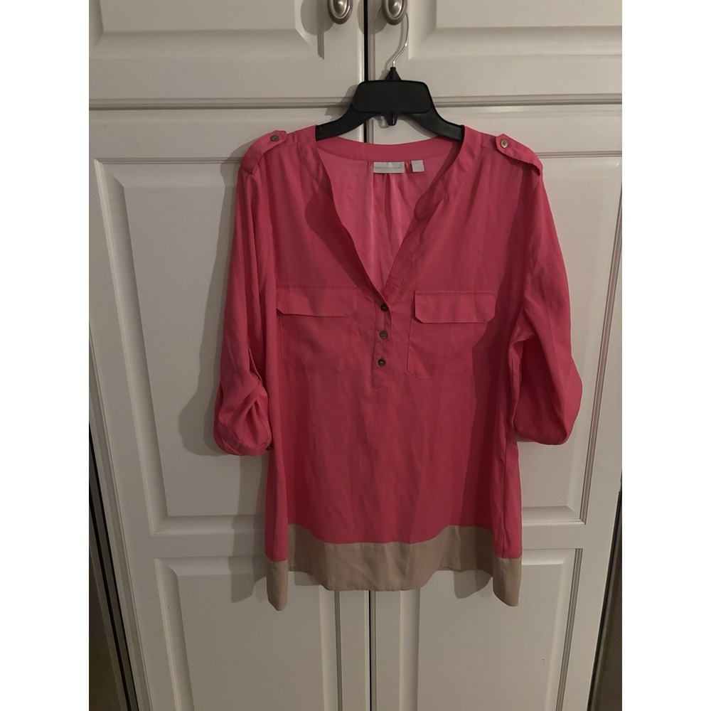 EUC - Women's New York & Company Fuchsia Tunic Long Sleeve Roll Tab Blouse - L